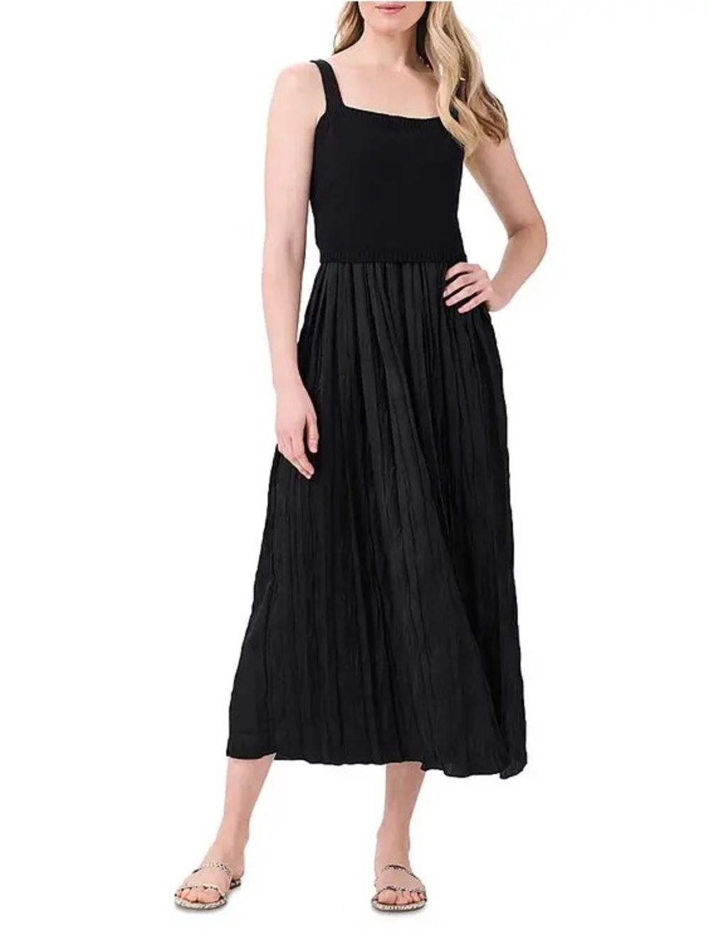 NIC+ZOE Black Knit & Pleated Woven Mixed-Media Midi Dress, Size XS